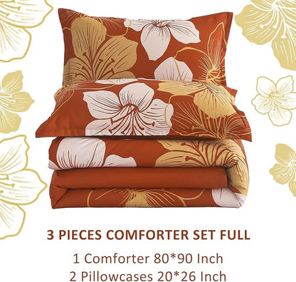 Menghomeus Burnt Orange Comforter Set Full Size Floral Comforter Terracotta Botanical Bedding Sets Soft Microfiber Thanksgiving Bed Comforter Set for All Season (1 Comforter 2 Pillowcases)