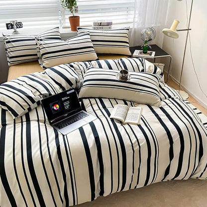 CLOTHKNOW Striped Comforter Set Twin/Twin XL 3Pcs Black White Beige Bedding Comforter Sets Stripes Comforter Sets Twin