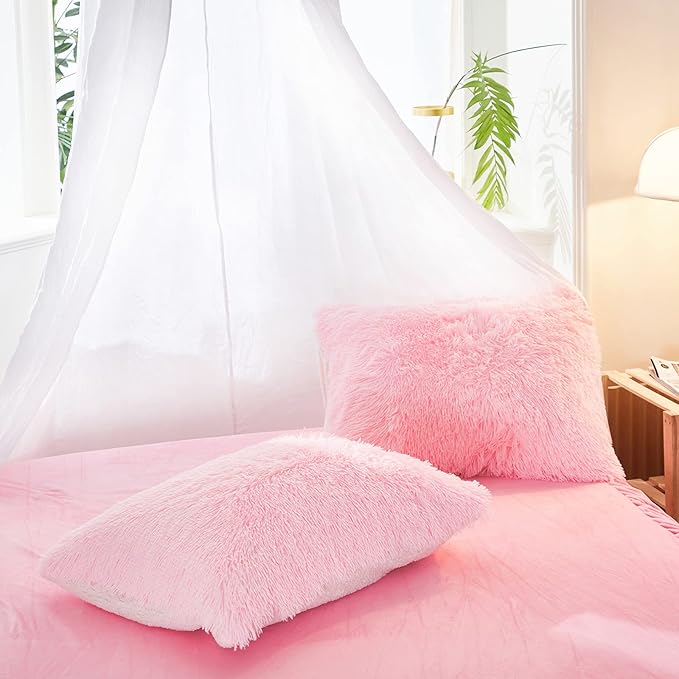 Joyreap 3-Piece Plush Shaggy Comforter Set, King Size Luxury Faux Fur Sherpa Reversible Bedding Comforter Set, Ultra Cozy Warm Fluffy Bedding Set for Winter (Pink, 100x88 inches)
