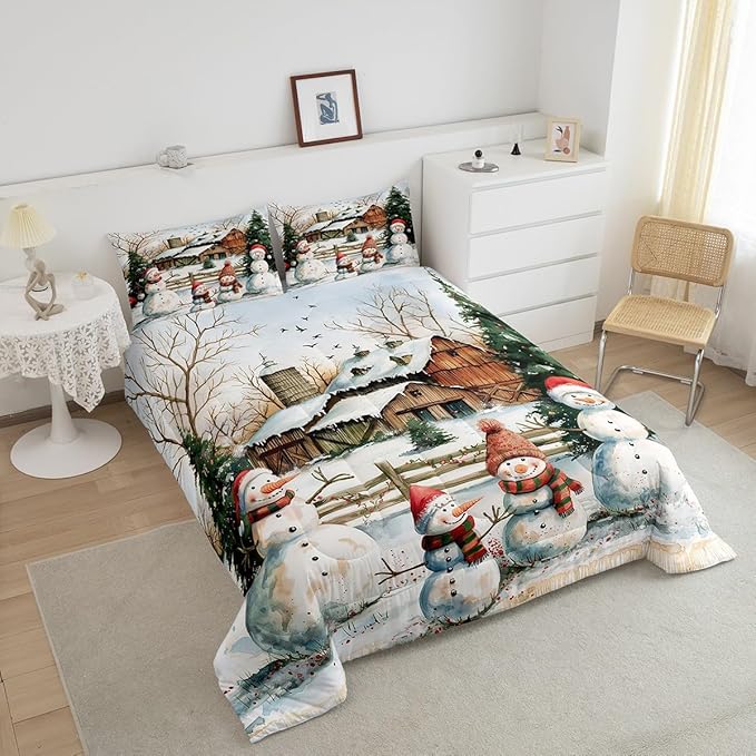 Cute Snowman Bedding Set Queen Size,Rustic Cabin Barn Comforter Set 3Pcs for Kids Girls Boys Teens Room Decor,Winter Christman Theme Quilt Set Vintage Countryside Duvet Insert,2 Pillowcases