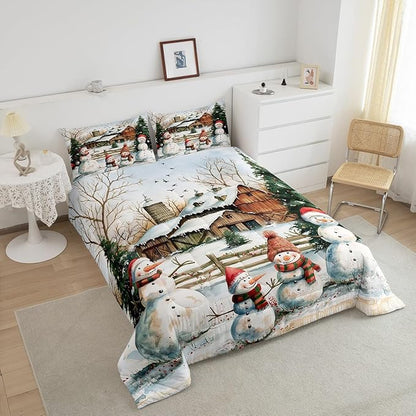Cute Snowman Bedding Set Queen Size,Rustic Cabin Barn Comforter Set 3Pcs for Kids Girls Boys Teens Room Decor,Winter Christman Theme Quilt Set Vintage Countryside Duvet Insert,2 Pillowcases