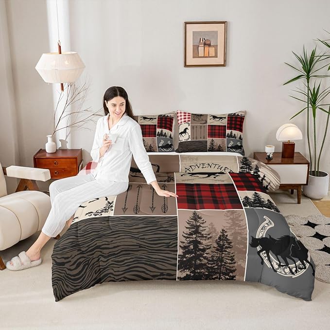 Erosebridal Rustic Patchwork Comforter Full, Retro Horse Bedding Set for Kids Teens Adult Checkered Buffalo Plaid Comforter Set Southwestern Riding Boots Horseshoe Duvet Insert Farmhouse Decorations