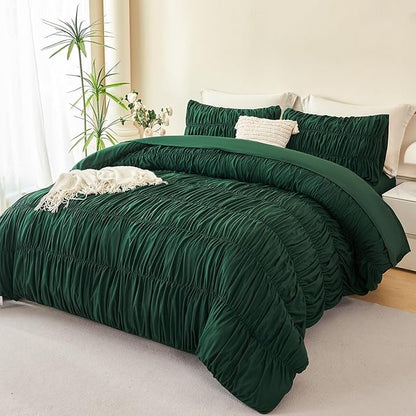 PERFEMET King Size Comforter Set Emerald Green 5 Pieces Solid Fluffy Ruched Bedding with Sheet Set Luxury Soft Pleated Texture Bed in a Bag All Season Boho Farmhouse Ruffle Bed Sets, 104"x90"