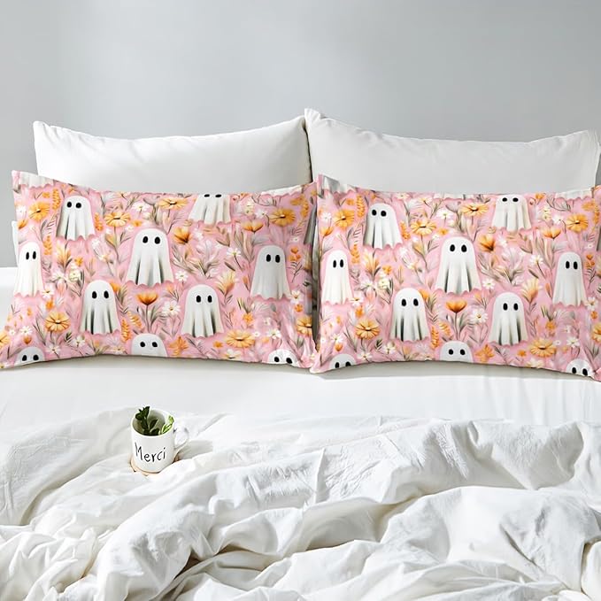 Erosebridal Girls Halloween Ghost King Size Comforter Set, Bohemian Halloween Decor Bedding Set for Kids Teens Women Bedroom Decor, Boho Floral Comforter, Blossom Flowers Quilt 3 Piece