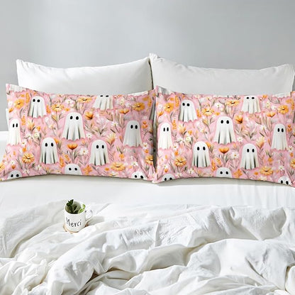 Erosebridal Girls Halloween Ghost Queen Comforter Set, Bohemian Halloween Decor Bedding Set for Kids Teens Women Bedroom Decor, Boho Floral Comforter, Blossom Flowers Quilt 3 Piece