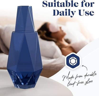 American Atelier 37 oz Modern Geometric Bedside Carafe Set – 2-Piece Glass Water Carafe with Cup Lid, Angular Nightstand Drinkware for Water, Juice & Mouthwash, Elegant Home Accessory (Navy/Gold)