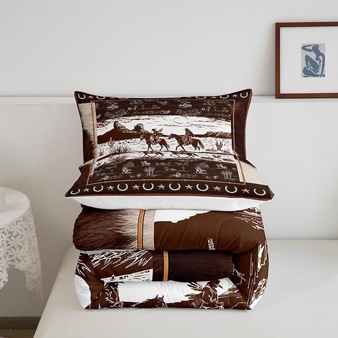Feelyou Western Aztec Comforter Set Queen Size Horse Cowboy Bedding Set for Boys Men Kids Teens Rustic Western Decor Country Wild West Down Comforter Brown and White Duvet Set with 2 Pillowcase