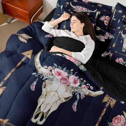 Erosebridal Bull Skull 7 Piece Bedding Set Full Boho Comforter Set with Sheets Arrows Pink Rose Feather Aztec Bed in a Bag Mysterious Tribal Style Colorful for Teens Men Women