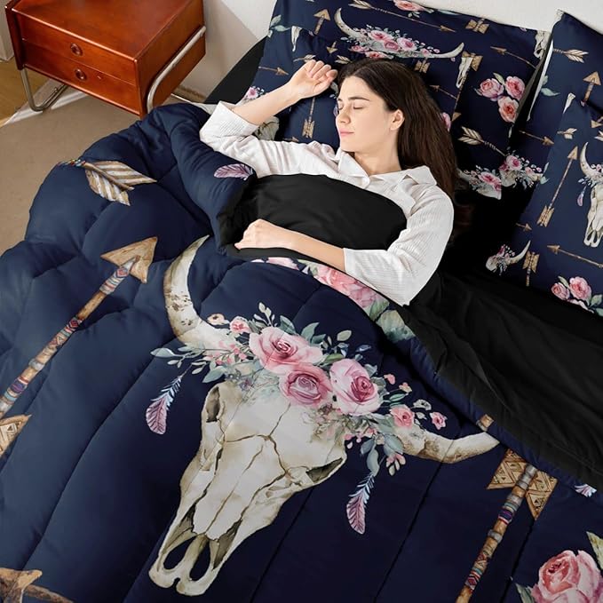 Erosebridal Bull Skull 7 Piece Bedding Set Queen Boho Comforter Set with Sheets Arrows Pink Rose Feather Aztec Bed in a Bag Mysterious Tribal Style Colorful for Teens Men Women