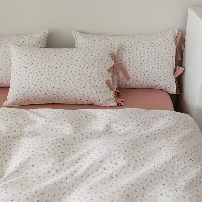 MKXI Garden Comforter Small Flowers Print Girls Pink Floral Twin XL Comforter Set White Soft Comforter Twin Pink Stripes Comforter with Cute Bow Pillowcases Youthful Aesthetic Bedding