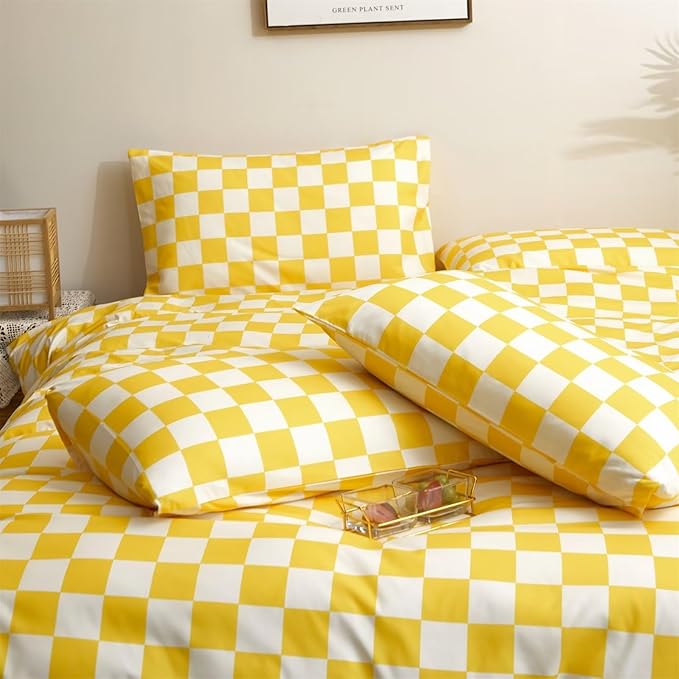 Houseri Plaid Comforter Set - Full Size Yellow Grid Bedding - Teen Girls Preppy Dorm Bedding