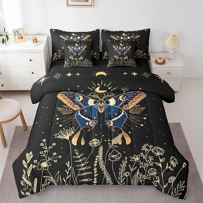 Erosebridal Butterfly 7 Piece Bed in a Bag Queen,Flower Weed Botanical Comforter Set for Adult Women Men,Black Starry Sky Flat Fitted Sheet Boho Exotic Moon Star Reversible Bedding Set Room Decor
