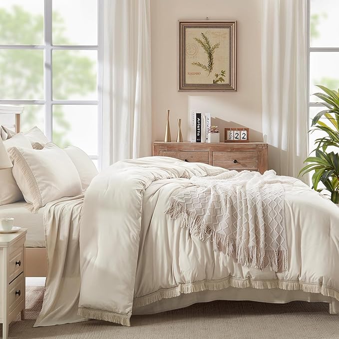 Andency Oversized King Comforter Set with Sheets 128x120 Beige - 7 Pieces Bed in a Bag Boho Soft Lightweight Bedding Sets, Tassel Bed Set with Comforter, Sheets, Pillowcases & Shams