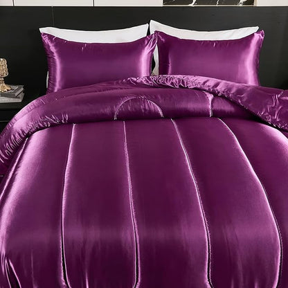 Satin Comforter Set Queen Silk Like Satin Bedding Set Luxury Hotel Silky Bed Home Deocr Sexy Silky Down Comforter Purple Bed Set 3 Pcs