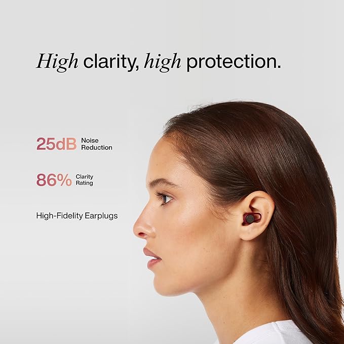 Hears Plus Ear Plugs for Noise Reduction - Patented Reusable Concert Earplugs, 25dB SNR Sound Reduction, Hypoallergenic for Musicians, Motorcycle and Sleeping with 4 tip Sizes - Burgundy Breeze