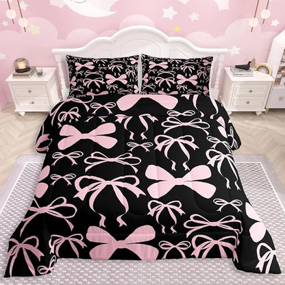 Feelyou Bow Bedding Set Boys Girls Full Size Black Pink Girls Bow Comforter Set for Kids Women Men Ultra Soft Cute Bowknot Comforter Kawaii Bow Duvet Set Room Decor Lovely Decor Quilt Set