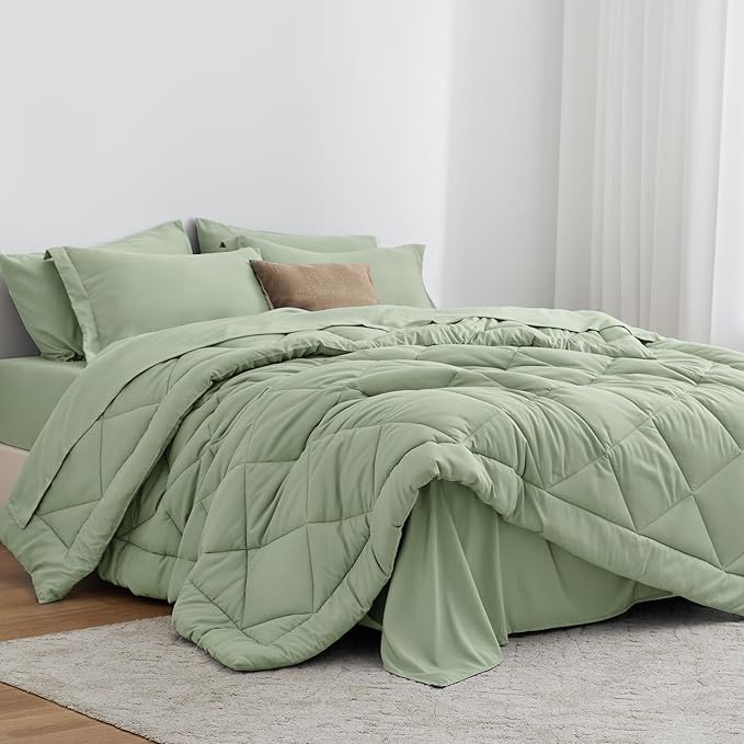 Love's cabin Full Comforter Set Sage, 7 Pieces Full Bed in a Bag, All Season Bedding Sets with 1 Comforter, 1 Flat Sheet, 1 Fitted Sheet, 2 Pillowcase and 2 Pillow Sham