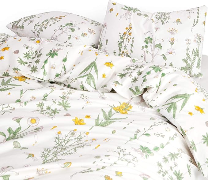 Wake In Cloud - Botanical Comforter Set, 100% Cotton Fabric, Floral Flower Cottagecore Neutral Shabby Chic Coquette Aesthetic, 3 Pieces Bedding Set, Yellow Green, Full Size