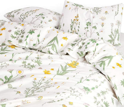 Wake In Cloud - Botanical Comforter Set, 100% Cotton Fabric, Floral Flower Cottagecore Neutral Shabby Chic Coquette Aesthetic, 3 Pieces Bedding Set, Yellow Green, Full Size