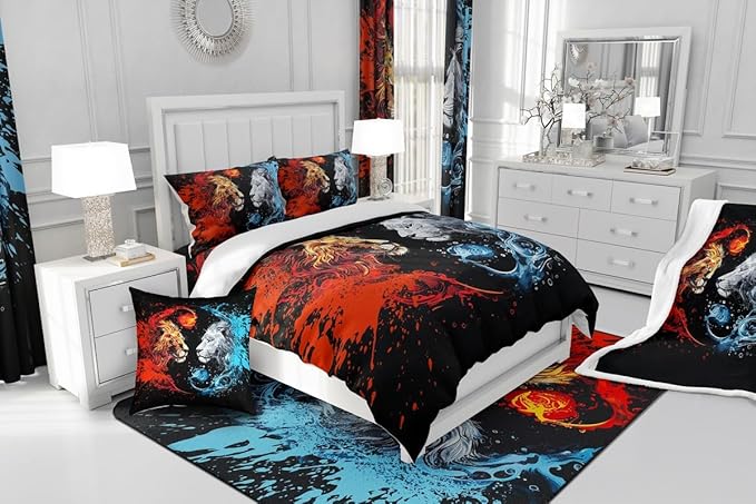 Manfei Exotic Lions Comforter Full for Kids Adults Youth,Fire Water Animals Boho Style Quilt Comforter Room DecorGothic Animals Fighting Yin Yang Quilted Duvet Duvet Insert,2 Pillowcases