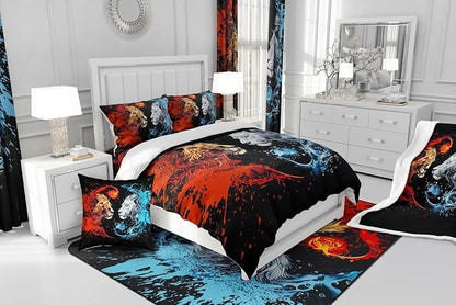 Manfei Exotic Lions Comforter Toddler for Kids Adults Youth,Fire Water Animals Boho Style Quilt Comforter Room DecorGothic Animals Fighting Yin Yang Quilted Duvet Duvet Insert,1 Pillowcase