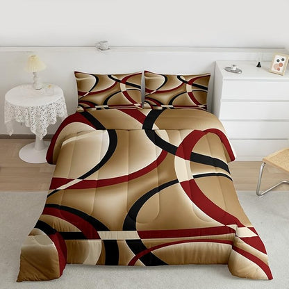 Castle Fairy Retro Circle Comforter Set Queen Size Red Brown Black Bedding Set for Kids Boys Girls Bedroom Decoration Stripe Line Art Bed Duvet Insert Geometric Modern Comforter with 2 Pillowcase