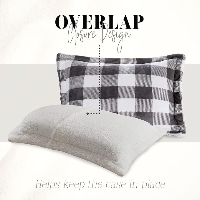 Elegant Comfort 3-Piece Buffalo Lodge-Plaid Comforter Set, Luxurious, Heavyweight, All Season, Down Alternative-Micromink Sherpa-Backing Reversible Micro-Suede, Soft and Plush, Full, Gray/White