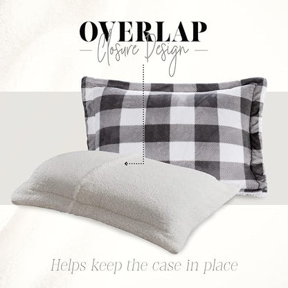 Elegant Comfort 3-Piece Buffalo Lodge-Plaid Comforter Set, Luxurious, Heavyweight, All Season, Down Alternative-Micromink Sherpa-Backing Reversible Micro-Suede, Soft and Plush, Twin, Gray/White