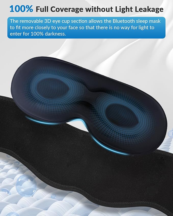 Bluetooth Sleep Mask with Removable 3D Contoured, 100% Blackout Eye Mask for Sleeping, Sleeping Headphones with Ultra-Thin Stereo Speakers for Side Sleepers, Perfect Tech Gifts for Men/Women