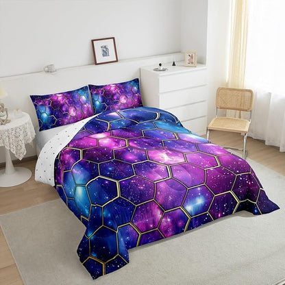 Manfei Blue Purple Galaxy Comforter Set Toddler Size, Geometric Hexagon Print Bedding Set 2pcs, Yellow Honeycomb Space Down Comforter for All Season, Kids Boys Girls Room Decor, 1 Pillowcase