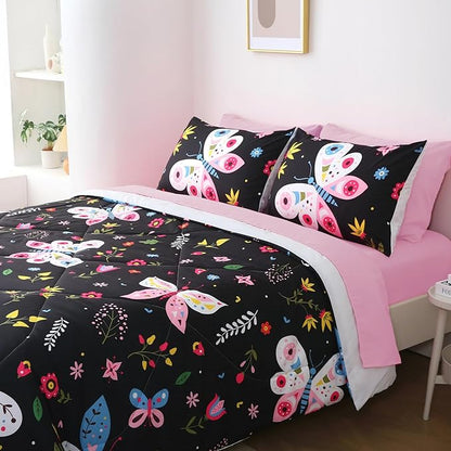 Girls Butterfly Comforter Set Twin Size Black 7 Piece Bed in A Bag Colorful Flowers Leaves Bedding Set for Kids Teens Super Soft All Season
