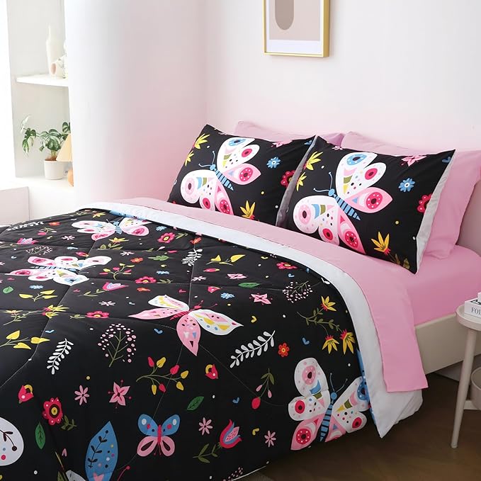 Girls Butterfly Comforter Set Queen Size Black 7 Piece Bed in A Bag Colorful Flowers Leaves Bedding Set for Kids Teens Adults Super Soft All Season
