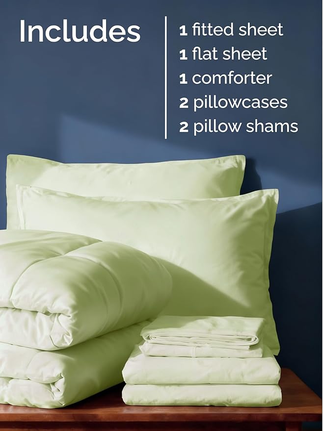 Full Comforter Set - 5 Piece Bed in a Bag Full Size Bed Set - Down Alternative Comforter, Flat Sheet, Fitted Sheet, Pillowcase & Shams for All Seasons - Soft, Comfy & Breathable - Light Sage/Emerald