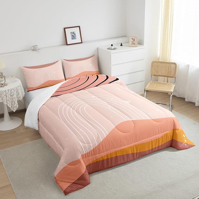 Erosebridal Pink Aesthetic Comforter Set King Girly Minimalist Bedding Set for Girls Women, Modern Bedding Comforter Sets Mid Century Duvet Sets, Boho Abstract Art Quilted Comforter Microfiber