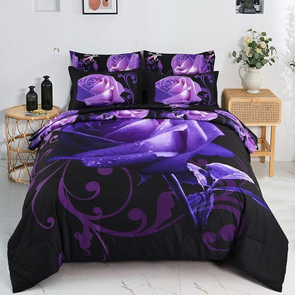 Xruibed Floral Comforter Set King 7 Piece Bed in a Bag Purple Rose Flower Comforter with Sheet Set Soft Micorfiber Bedding Set (1 Comforter,2 Pillow Shams,1 Flat Sheet,1 Fitted Sheet,2 Pillowcases)