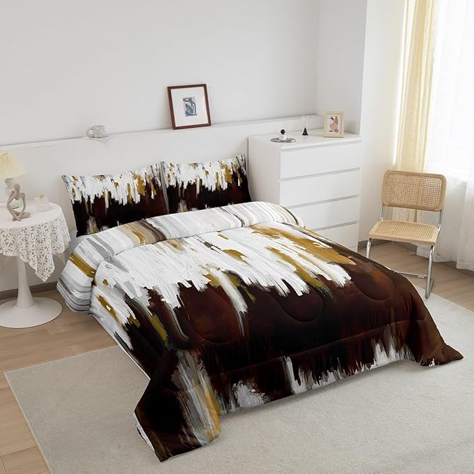 Maillard Brown Bedding Set King Abstract Watercolor Comforter Set, Gradient Stripe Duvet Insert Chic Vintage Aesthetic Quilt Sets, Graffiti Oil Painting Modern Bedding Comforters & Sets for Kids Teens