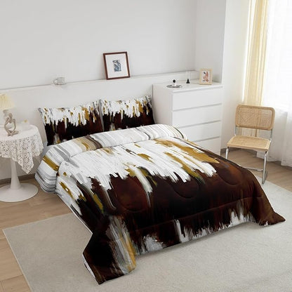 Maillard Brown Bedding Set King Abstract Watercolor Comforter Set, Gradient Stripe Duvet Insert Chic Vintage Aesthetic Quilt Sets, Graffiti Oil Painting Modern Bedding Comforters & Sets for Kids Teens