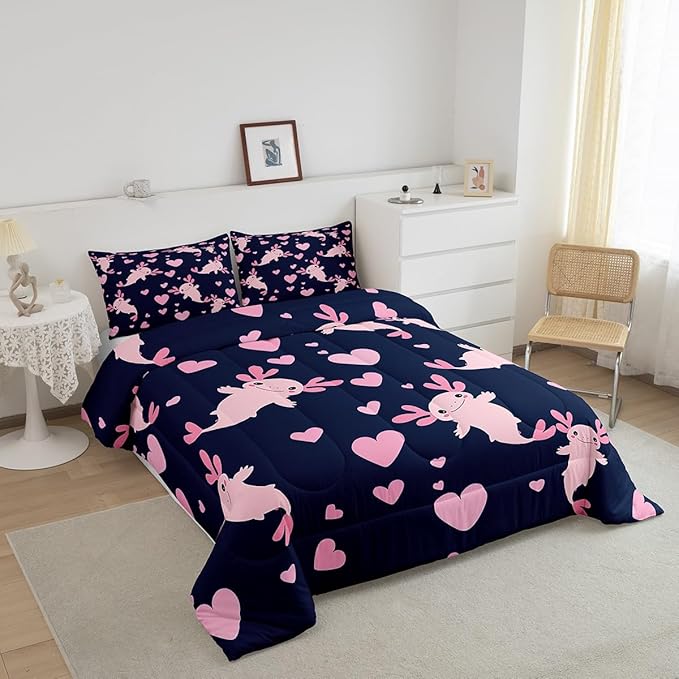 Feelyou Axolotl Comforter Set Queen Size Heart Comforter for Boys Girls Teens Cute Axolotl Bedding Set Cartoon Salamander Duvet Set Room Decor Navy Blue Pink Quilt Set