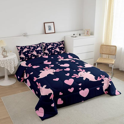 Feelyou Axolotl Comforter Set Queen Size Heart Comforter for Boys Girls Teens Cute Axolotl Bedding Set Cartoon Salamander Duvet Set Room Decor Navy Blue Pink Quilt Set