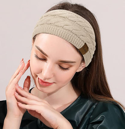 Loritta 2 Pack Headbands for Women Winter Warm Cable Knit Ear Warmer Thick Head Wrap Fuzzy Fleece Lined Gifts