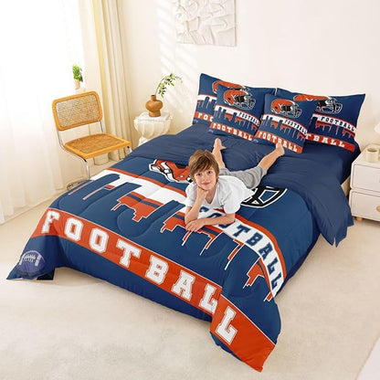 Erosebridal Football City 7 Pcs Comforter Set Twin Football Bedding for Boys Girls Blue Orange Rugby Game Sheet Set Bed in A Bag Football Fans Bedroom Decor Sports Ball Team Bed Set
