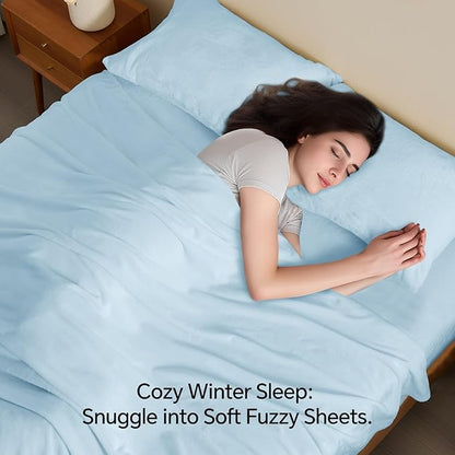 BEDELITE Flannel Sheets King Size Blue - Super Soft Fleece Sheets Set Fluffy Extra Plush, 4 Piece(Include Fitted Sheet, Flat Sheet, 2 Pillowcases)