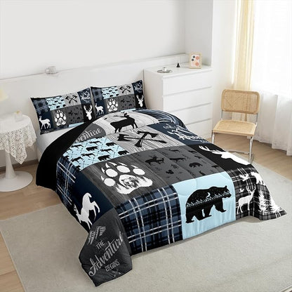 Cabin Retro Rustic Lodge Quilt Full Size, Bear Deer Country Comforter Set For Kids Boys Teens Bedroom Decor, Hunting Wild Animal Bedding Plaid Checkered Adventure Down Comforter With 2 Pillow Cases