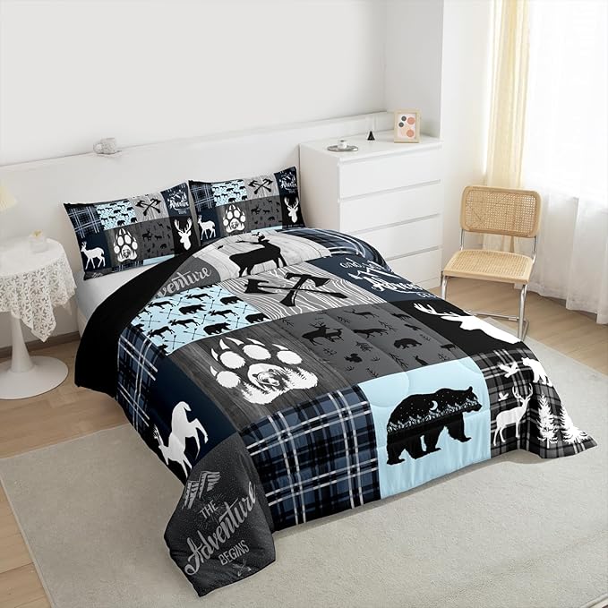 Cabin Retro Rustic Lodge Quilt King Size, Bear Deer Country Comforter Set For Kids Boys Teens Bedroom Decor, Hunting Wild Animal Bedding Plaid Checkered Adventure Down Comforter With 2 Pillow Cases