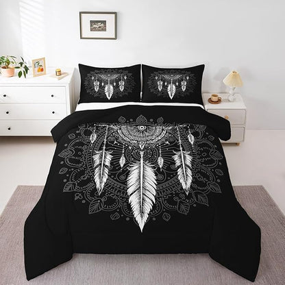 Erosebridal Dream Catcher Comforter Set Full Size, Boho Feather Bedding Set, Mandala Quilt Set for Kids Boys Girls Teens, Arrow Geometric Aztec Duvet Set, Black White Bedroom Decor