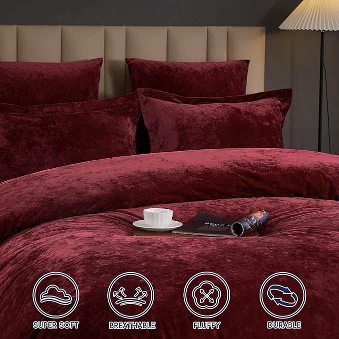 PHF Crushed Velvet Comforter Set King Size, 5-Piece Luxury Winter Bedding Sets with 2 Euro Shams, Heavyweight Warm Fluffy Velvet Bed Spread, Glam Home Decor, Wine Red/Burgundy
