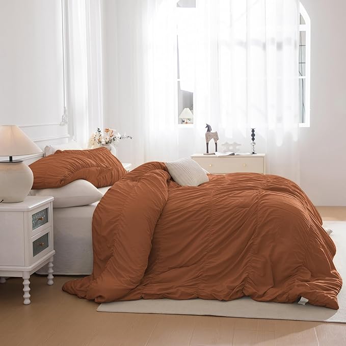 Masaca 120x120 Oversized Comforter King Size,Ruched Pumpkin California King Bed Comforter Set Modern Style Shabby Boho Chic Rustic Farmhouse Microfiber Bedroom Bedding Set 3PCS