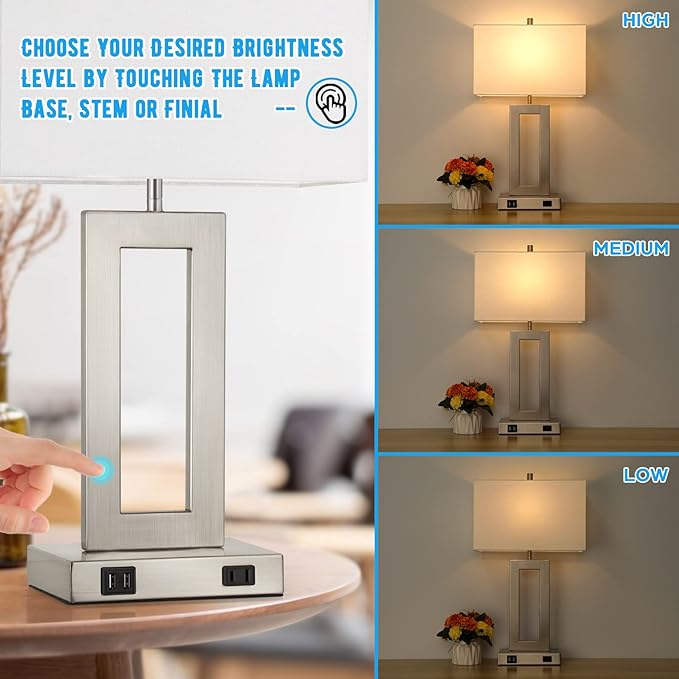 22'' Tall Table Lamps for Bedroom Set of 2, Silver Bedside Touch Control Lamp with 2 USB Ports&AC Outlet, Modern Living Room Table Lamp for Nightstand End Table, 3-Way Dimming with 2 E26 Edison Bulbs