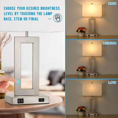 22'' Tall Table Lamps for Bedroom Set of 2, Silver Bedside Touch Control Lamp with 2 USB Ports&AC Outlet, Modern Living Room Table Lamp for Nightstand End Table, 3-Way Dimming with 2 E26 Edison Bulbs