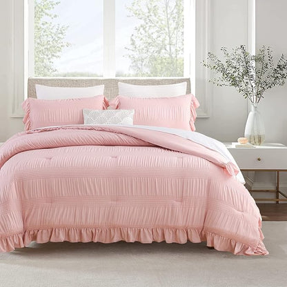 Blush Pink Seersucker Comforter Twin Size with Ruffled Edges, Ultra-Soft Pink Bedding Set 3 Piece Set, Light Weight Down Alternative Set(Blush Pink,Twin), Twin(68/''×90/'') (PPS)